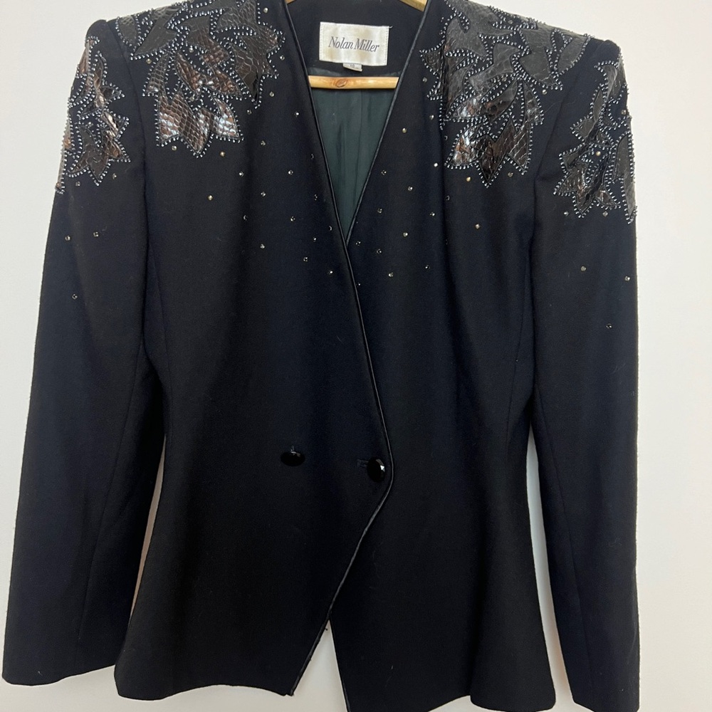 Vinatge Nolan Miller Chic Suit Wool Embllished  With Rhinestone Snake skin Beads - Picture 2 of 11